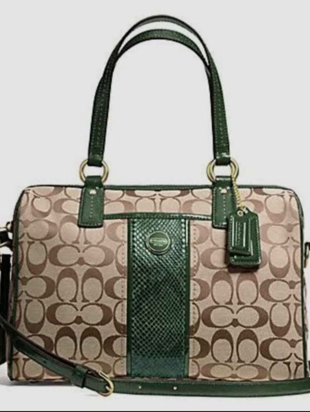 NWT, Coach Signature Satchel with Green Python Embossed Leather Trim